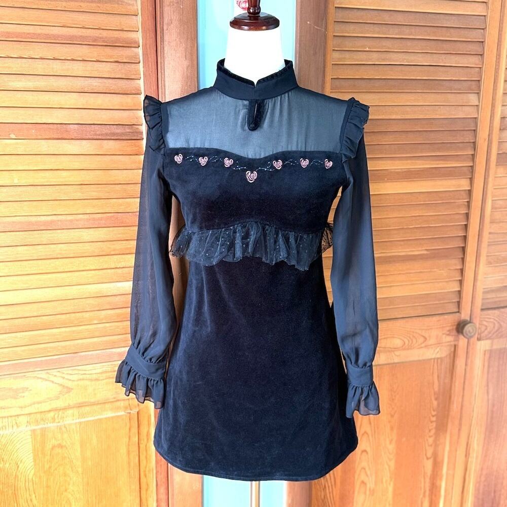 J-fashion Gyaru Jirai Kei Dollcore Black Velvet Pink Rose Heart Mini Dress XS